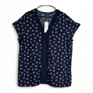 Tommy Hilfiger Plus Size XXL Blue V-Neck Pleated Blouse Dressy Work Top Layering